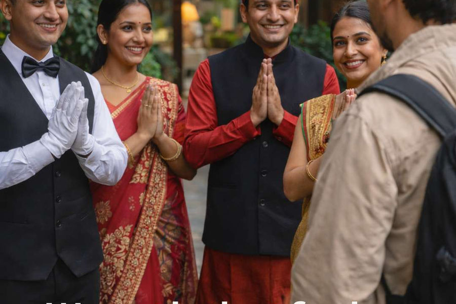 Akasa Dalhousie hospitality team welcoming guests with warm namaste greeting, heartfelt service in Dalhousie HP